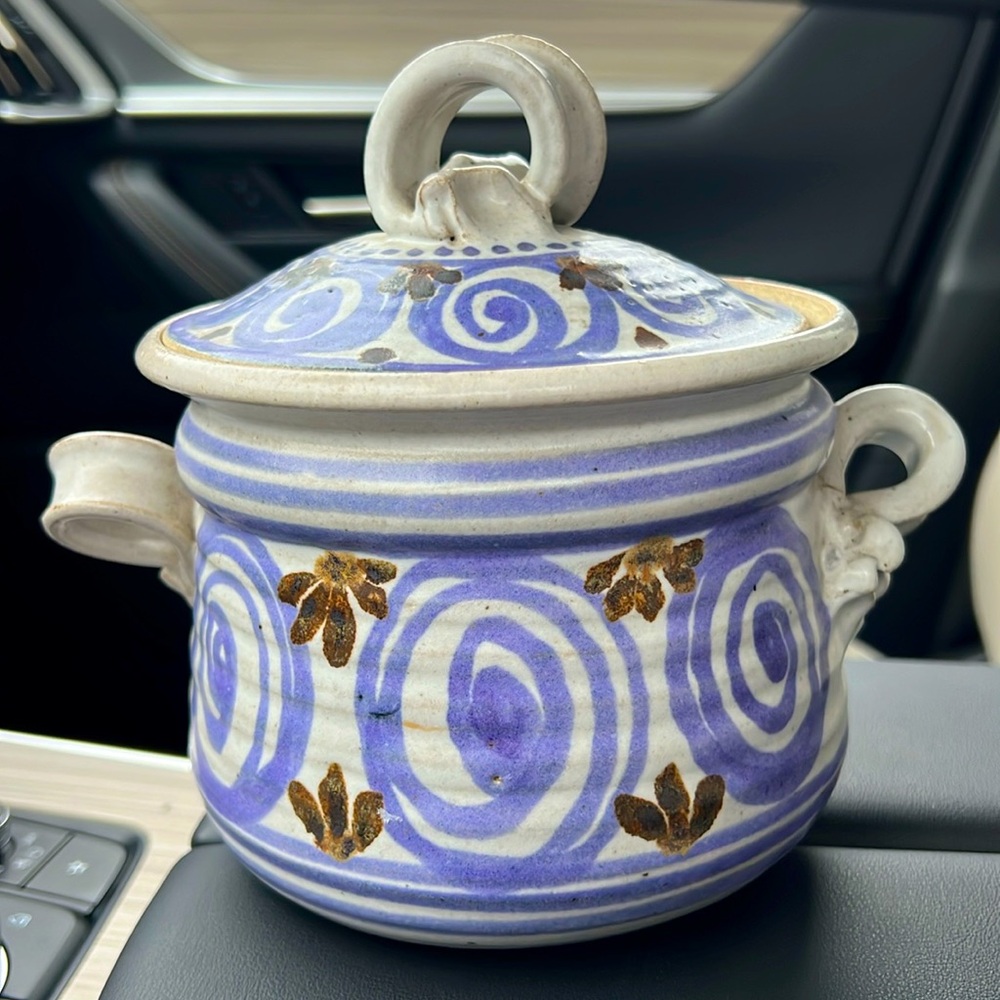 Vintage Art Studio Pottery Signed Glazed Bowl Dish w/Lid Twisted Handles Signed